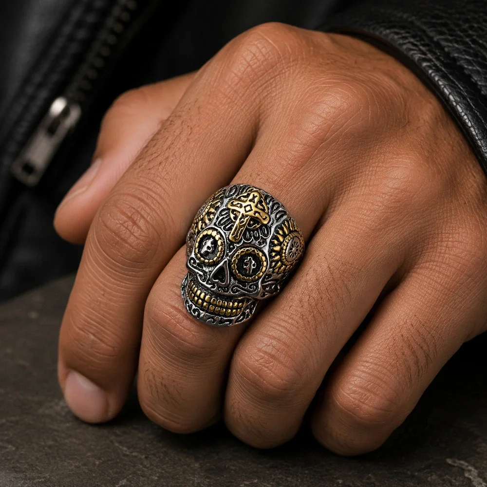 316L Stainless Steel Sugar Skull Ring Cross Gothic Biker Men’s Size 12